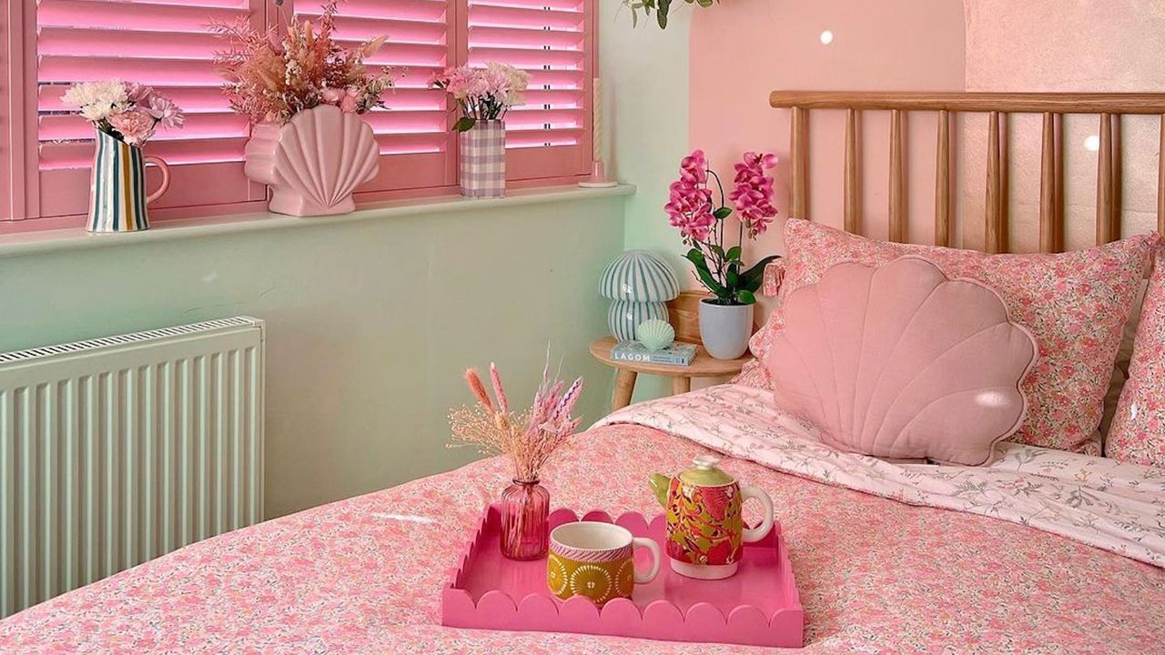 Pink and green bedroom with pastel accents