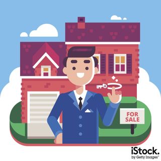 Real Estate Agent and House for Sale by Julypluto. This vector illustration could be used, for example, on the welcome screen of a property app