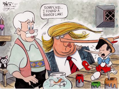 Political cartoon U.S. Trump Russia investigation lies Pinocchio
