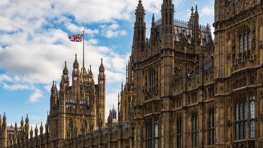 The Houses of Parliament with the Union Jack Flag, London, UK.