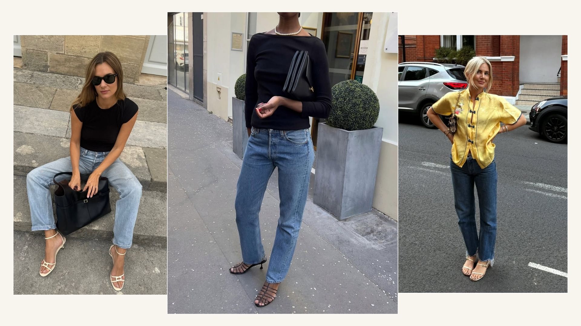 Influencers wearing stovepipe jeans and sandals