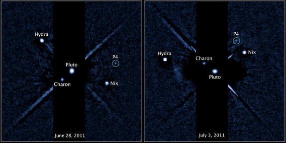 Two labeled images of the Pluto system, released on July 20, 2011, taken by the Hubble Space Telescope&#039;s Wide Field Camera 3 ultraviolet visible instrument with newly discovered fourth moon P4 circled. The image on the left was taken on June 28, 2011. The