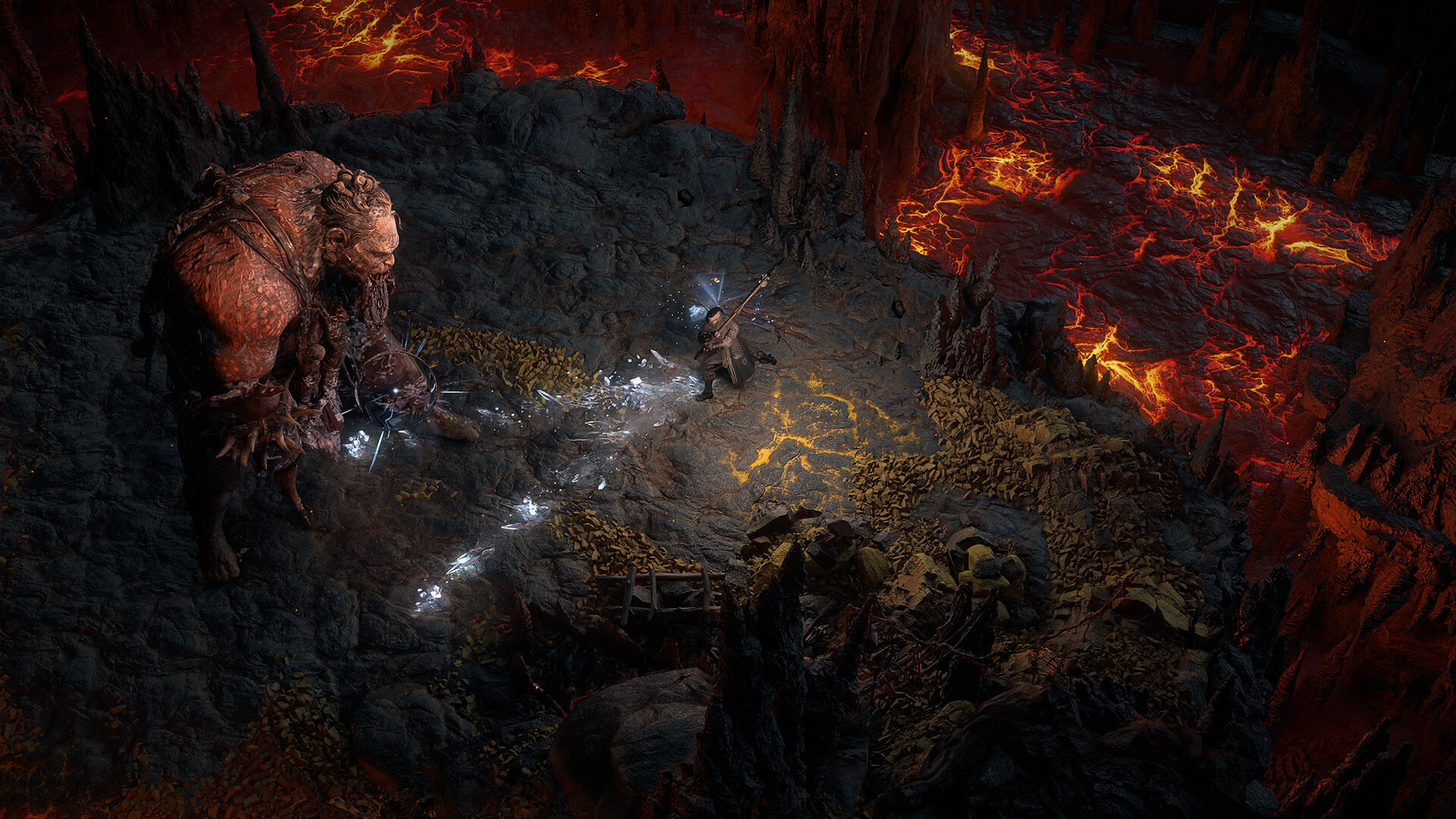 In Path of Exile 2, the player character faces up against a giant ogre-like creature in a lava-filled landscape