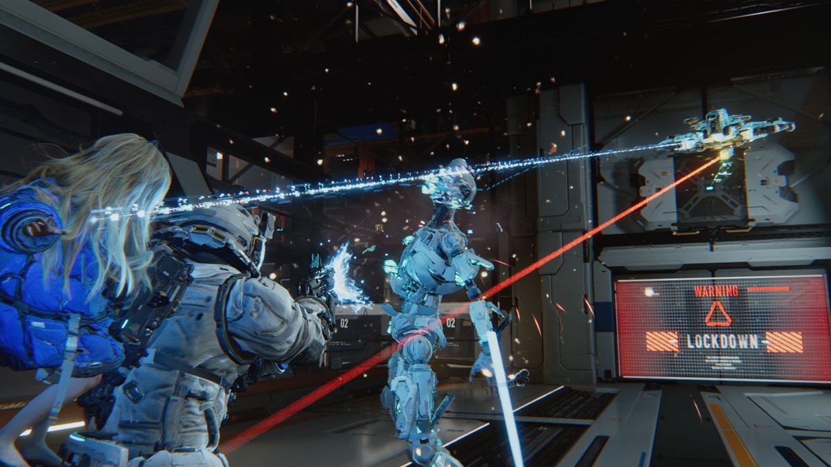 Hugh and Diana fight an oncoming droid in Pragmata