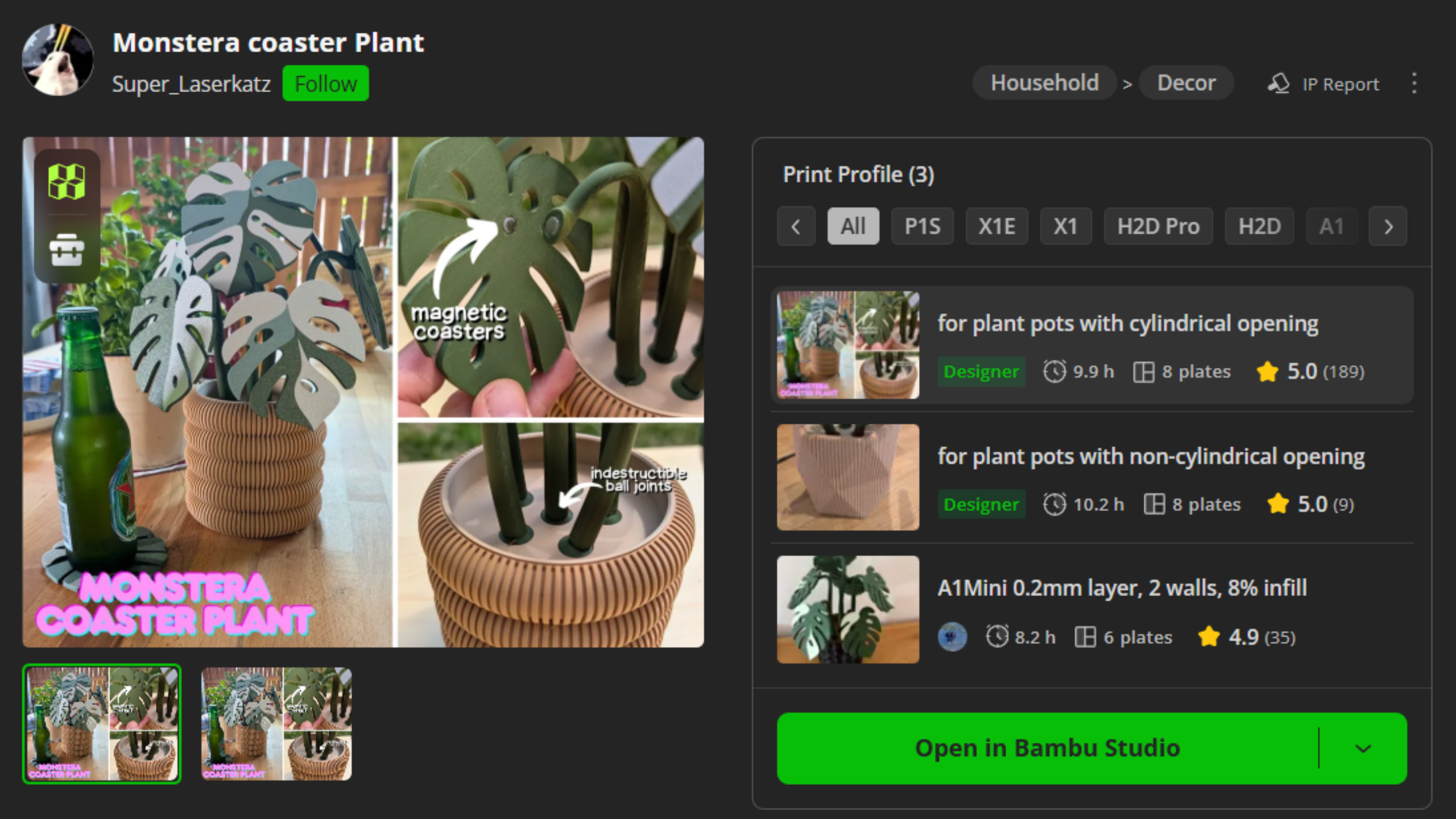 A screenshot of the Bambu Lab A2L model for a monstera coaster plant