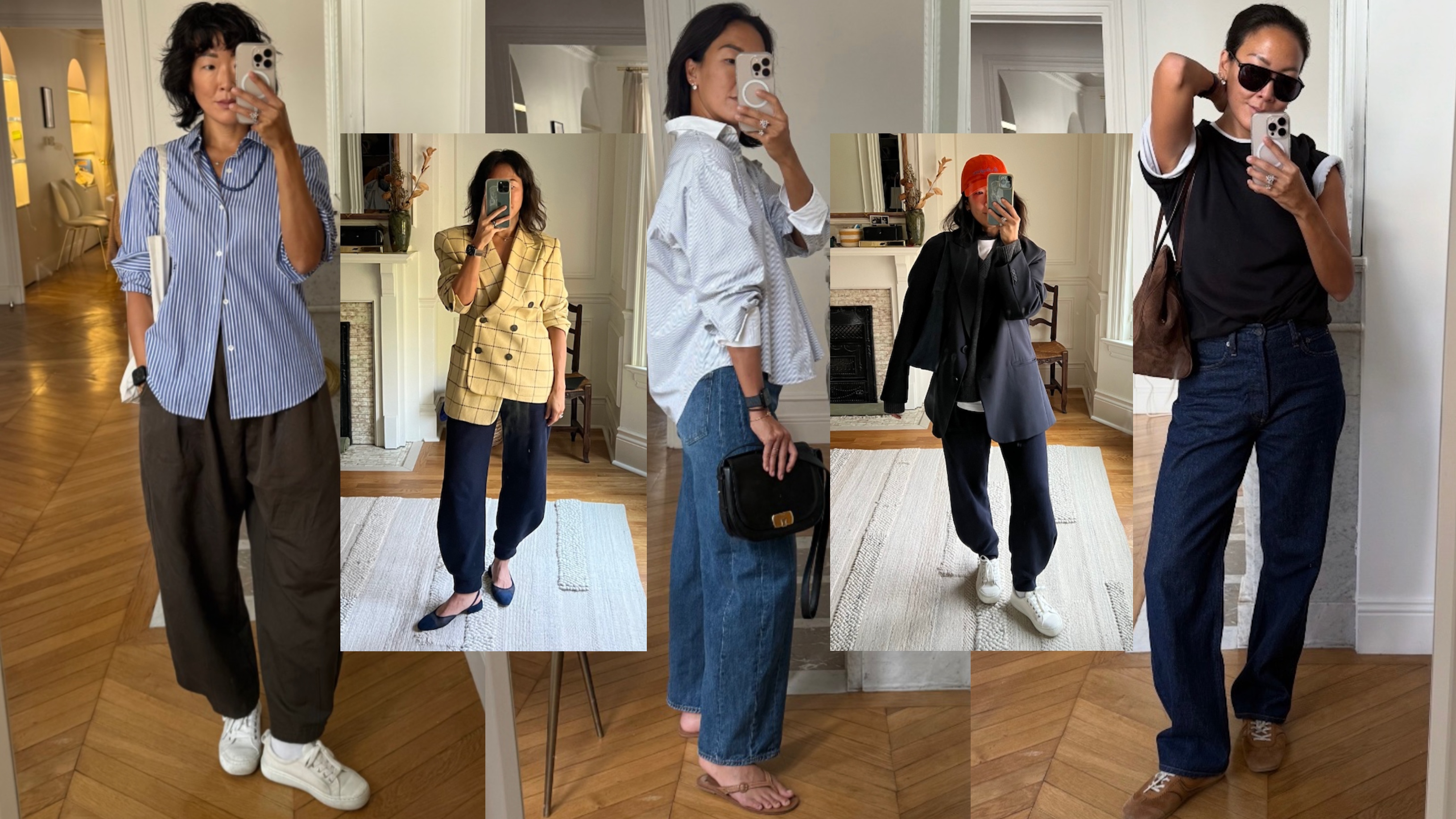 collage of Irene Kim wearing tibi Calders pants, Agolde Kelly jeans, Veronica Beard Ryders, Soeur pants, and leopard print harem pants