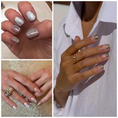 a collage of three manicures, the left being a silver shimmer metallic, and the right being a green and gold gradient manicure, and the bottom being a pink shimmer