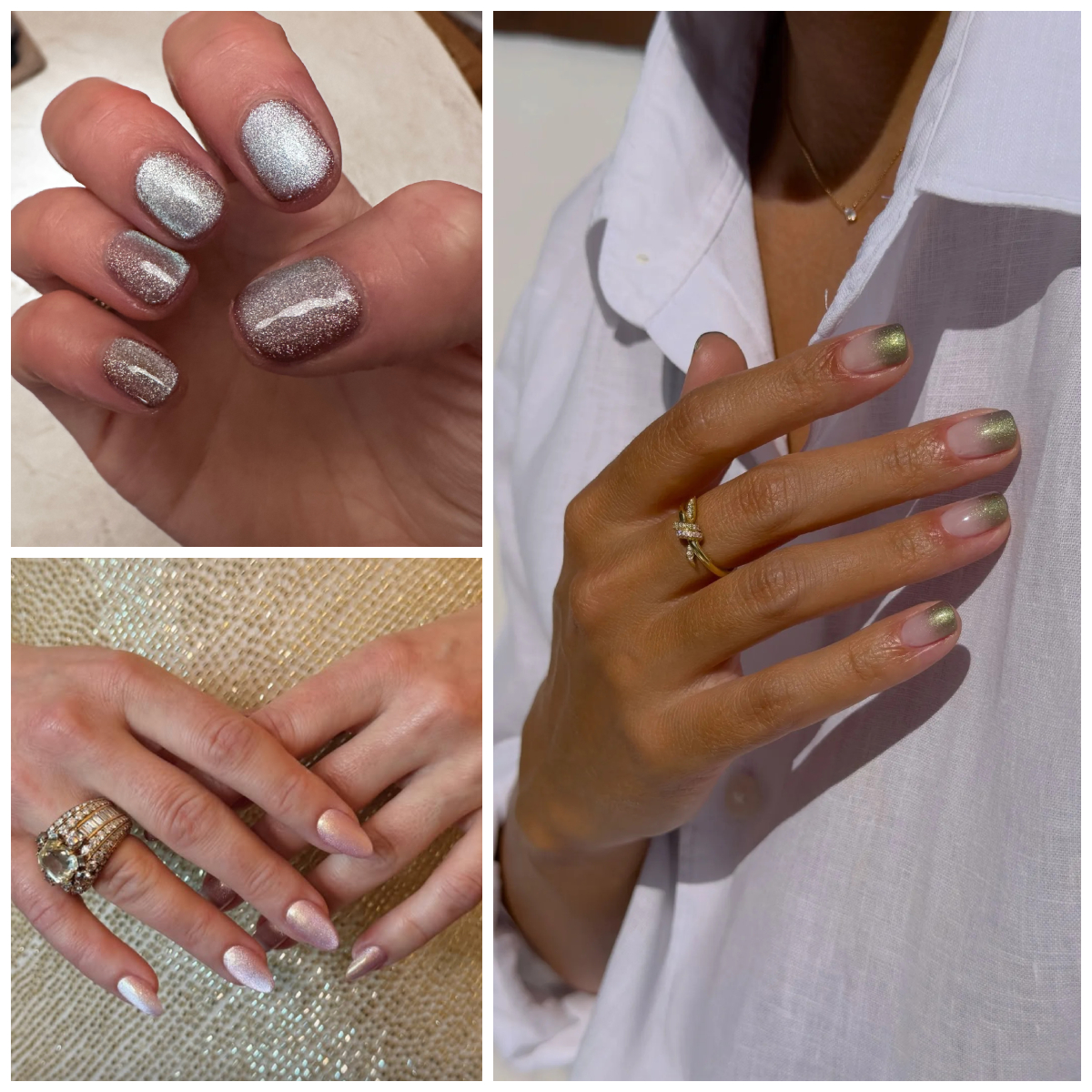 a collage of three manicures, the left being a silver shimmer metallic, and the right being a green and gold gradient manicure, and the bottom being a pink shimmer