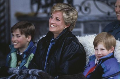 Princess Diana with her sons Prince William and Prince Harry on a skiing holiday in Lech