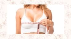 a woman in a white bralette measuring her bust line