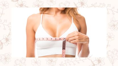 a woman in a white bralette measuring her bust line