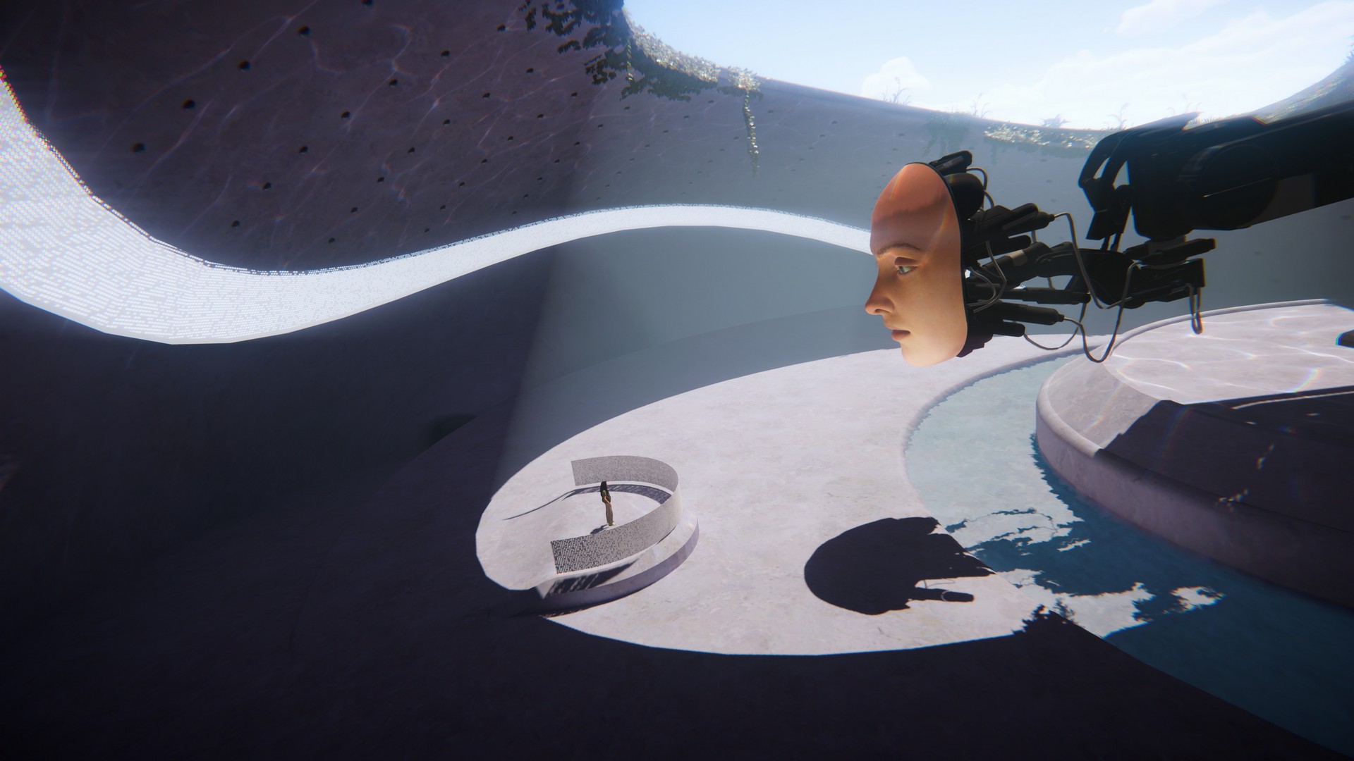 Mesa's robotic arm body peers over Santana in Prove You're Human