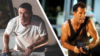 Channing Tatum climbs out a roof hatch on the left and Bruce Willis wields a machine gun on the right