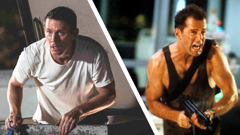 Channing Tatum climbs out a roof hatch on the left and Bruce Willis wields a machine gun on the right