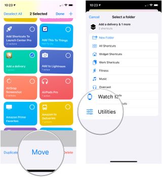 Add shortcuts to folders, showing how to tap Move, then tap the folder to which you want to move your shortcut(s)