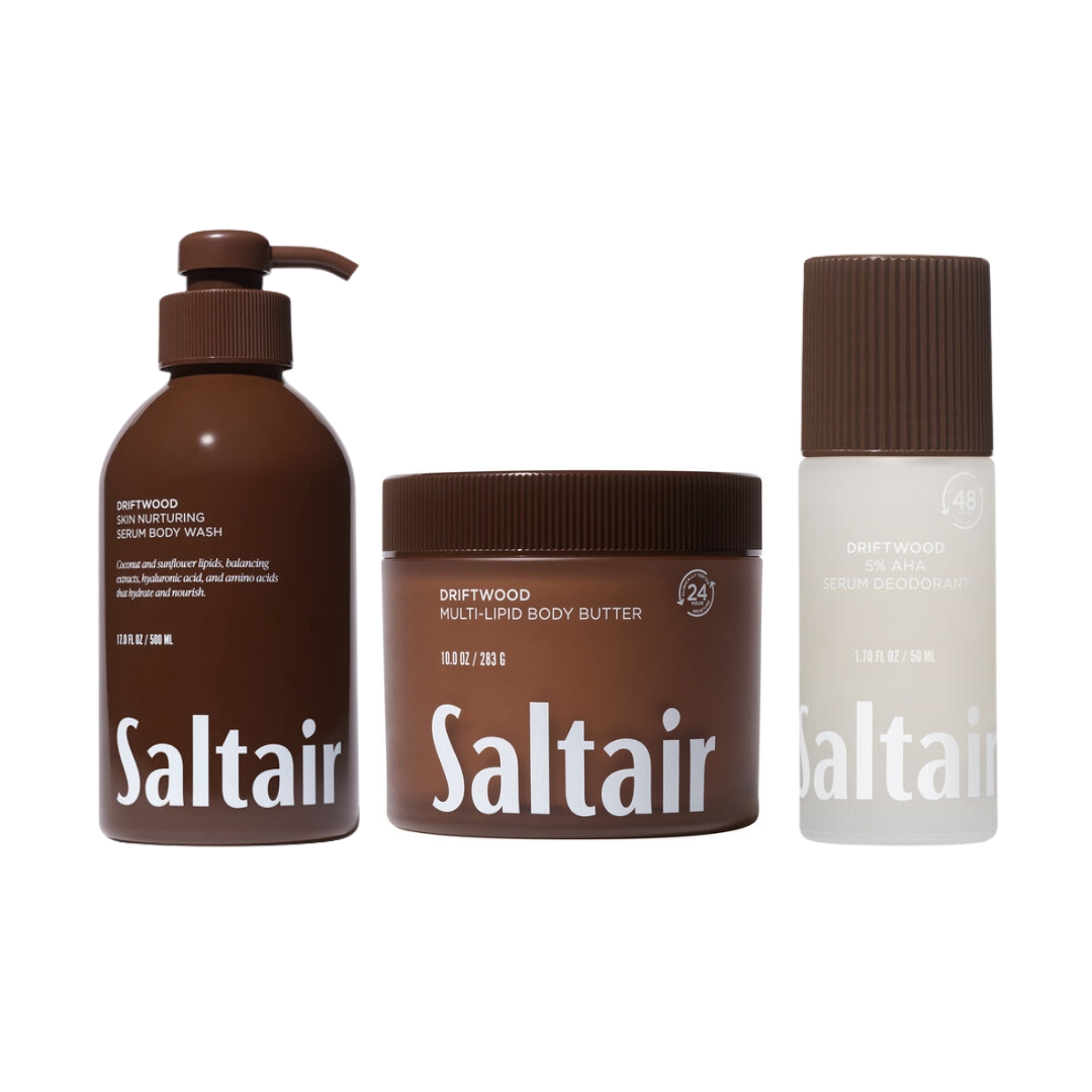 Saltair Driftwood Bodycare Collection (L-R) Body Wash, Body Butter and Serum Deodorant