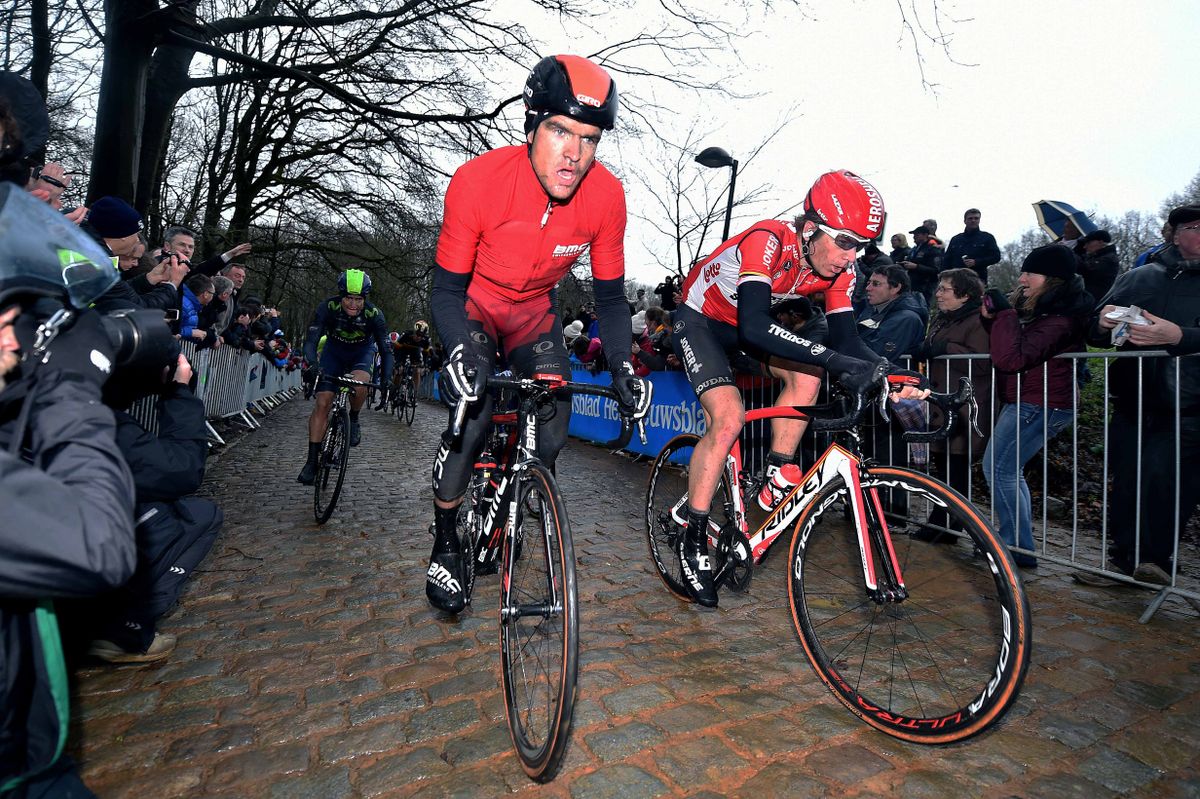 Greg Van Avermaet (BMC) and Jurgen Roelandts (Lotto Soudal) ride up the Kemmelberg