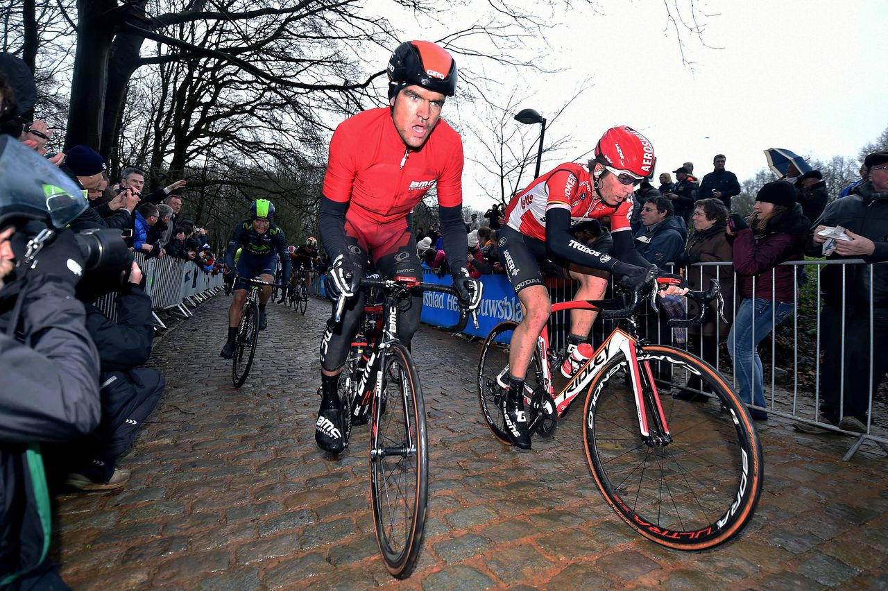 Greg Van Avermaet (BMC) and Jurgen Roelandts (Lotto Soudal) ride up the Kemmelberg