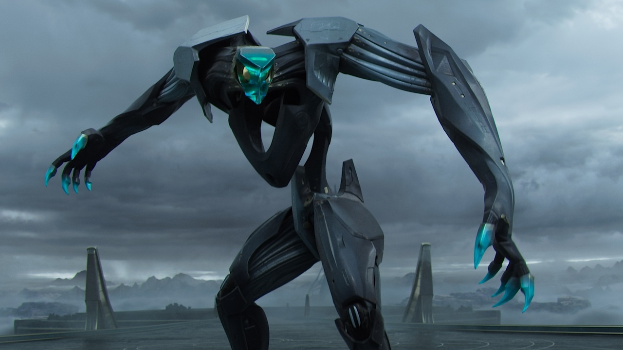 A long-legged robot with menacingly outstretched arms. In the background there are gray clouds in the sky.