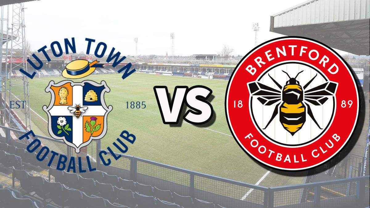 The Luton Town and Brentford club badges on top of a photo of Kenilworth Road stadium in Luton, England