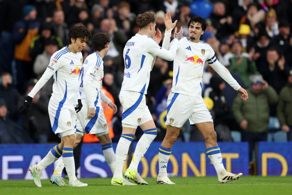 LEEDS, ENGLAND - DECEMBER 07: Joe Rodon of Leeds United celebrates scoring his team&#039;s first goal with team mate Pascal Struijk of Leeds United during the Sky Bet Championship match between Leeds United FC and Derby County FC at Elland Road on December 07, 2024 in Leeds, England. (Photo by George Wood/Getty Images)