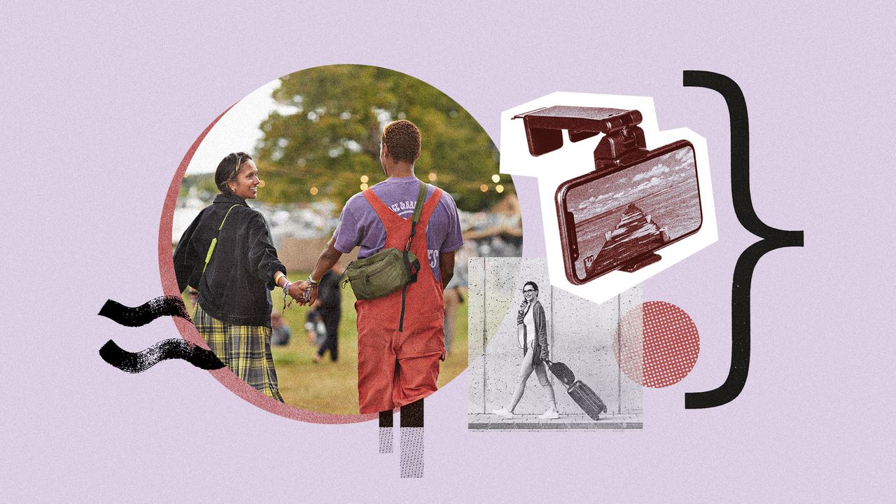 Photo collage of a couple on holiday wearing sling bags, a woman walking with a bag stacked on top of a suitcase, and an airplane phone holder mount