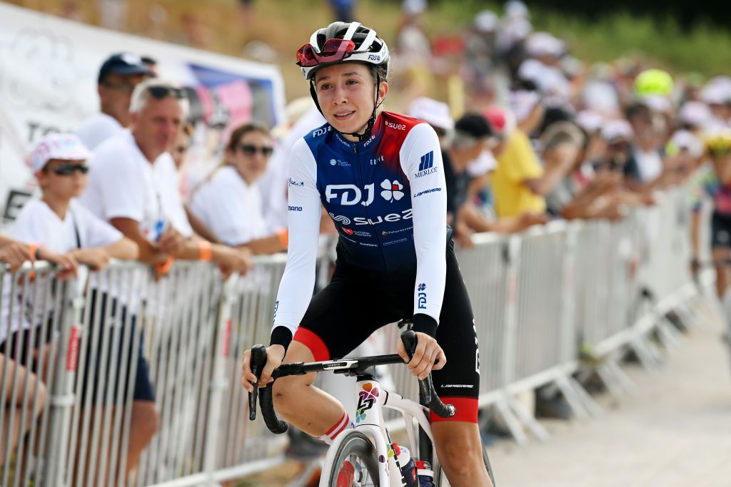 PLANCHE DES BELLES FILLES FRANCE JULY 31 Evita Muzic of France and Team Fdj Nouvelle Aquitaine Futuroscope crosses the finish line during the 1st Tour de France Femmes 2022 Stage 8 a 1233km stage from Lure to La Super Planche des Belles Filles TDFF UCIWWT on July 31 2022 in Planche des Belles Filles France Photo by Dario BelingheriGetty Images