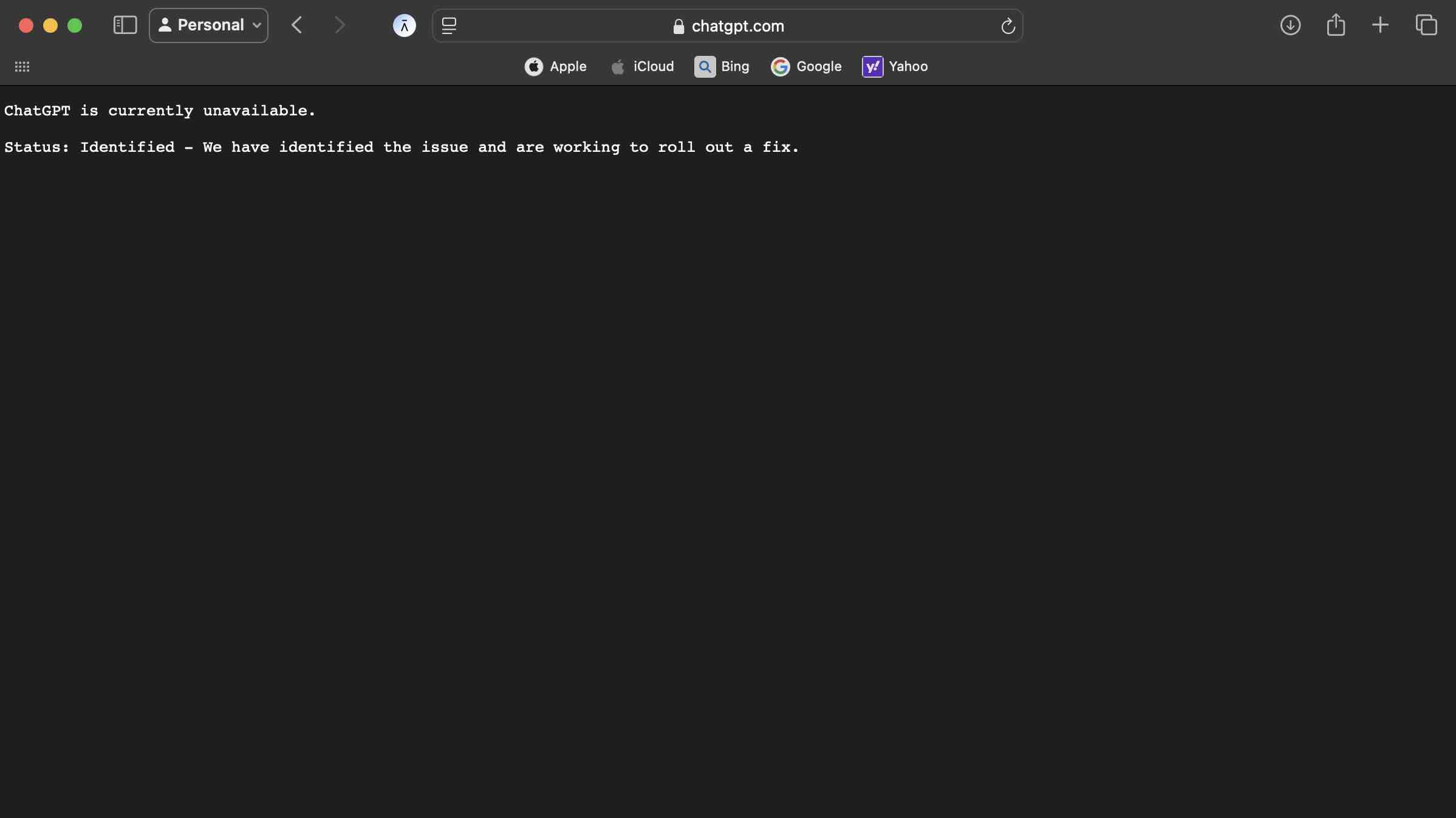 ChatGPT website showing service is unavailable