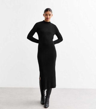 New Look, Black Rib Knit High Neck Midi Dress