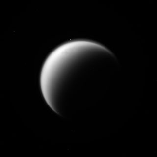A close-up of an unprocessed image of Saturn's moon Titan, captured by NASA's Cassini spacecraft during its final close flyby of the moon on April 22, 2017.