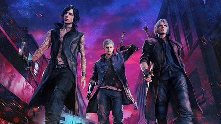 The main cast of Devil May Cry 5 saunter under a pink and blue night sky