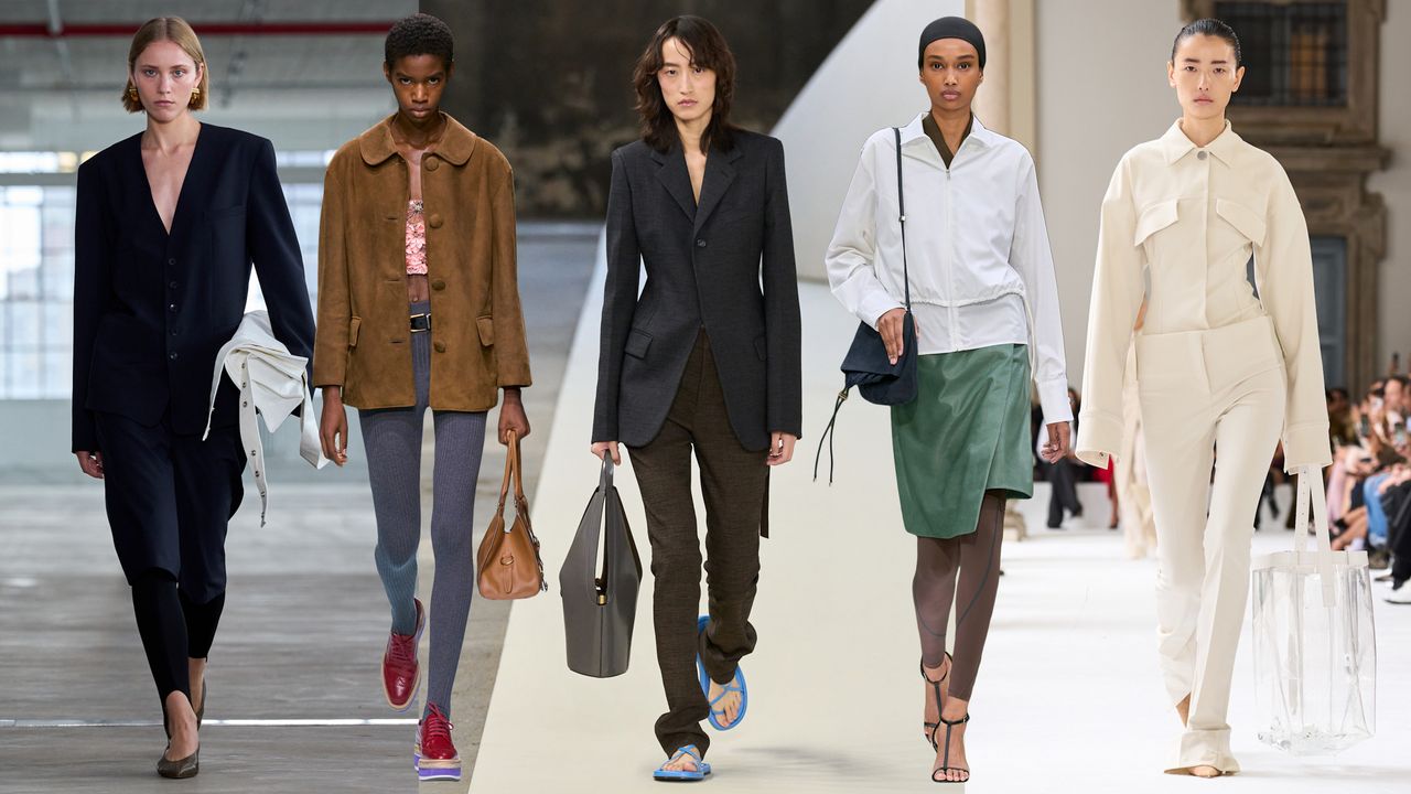 a collage of runway images from the spring/summer 2025 looks featuring the skinny pant trend