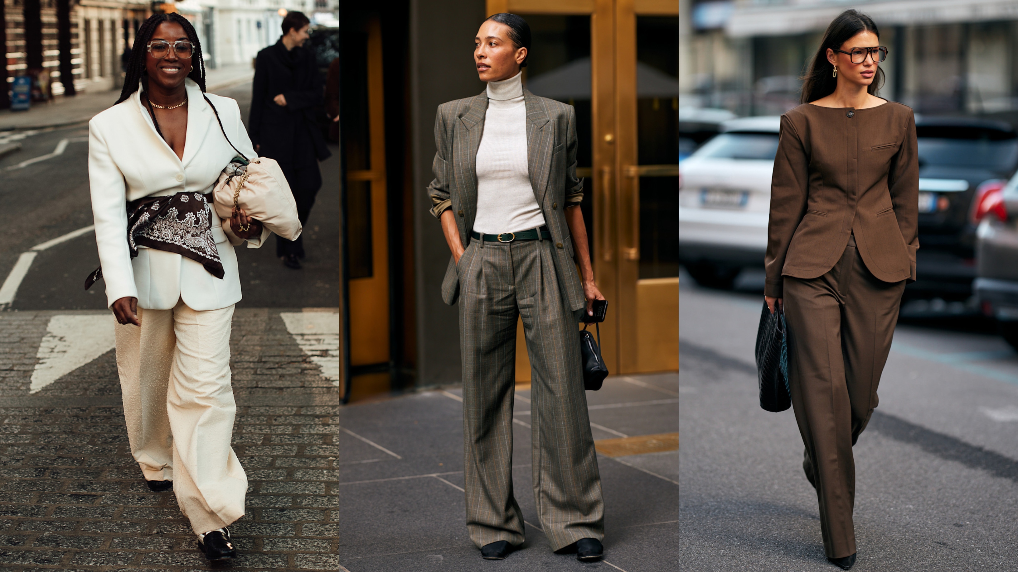woman wearing a blazer and tailored trousers; woman wearing a suit set and a shirt; woman wearing a blazer and trousers 