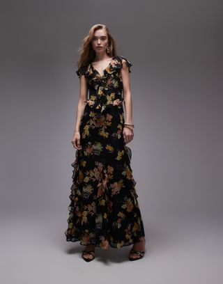 Topshop Flutter Sleeve Ruffle Occasion Midi Dress in Black Base Floral