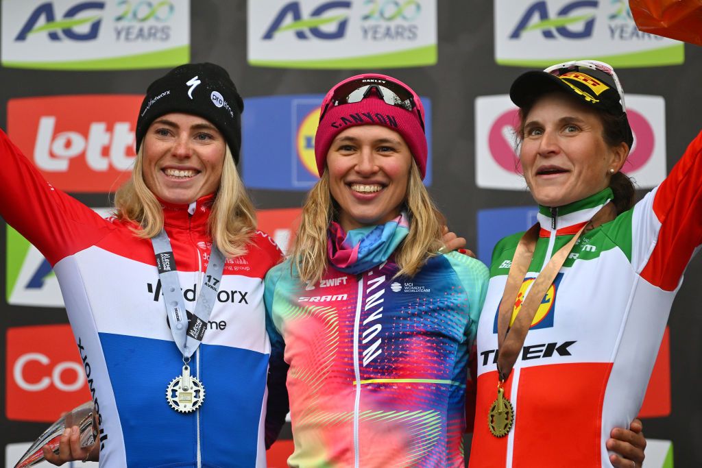 HUY BELGIUM APRIL 17 LR Demi Vollering of The Netherlands and Team SD Worx Protime on second place race winner Katarzyna Niewiadoma of Poland and Team CanyonSRAM Racing and Elisa Longo Borghini of Italy and Team Lidl Trek on third place pose on the podium ceremony after the 27th La Fleche Wallonne Feminine 2024 a 146km one day race from Huy to Huy UCIWWT on April 17 2024 in Huy Belgium Photo by Luc ClaessenGetty Images