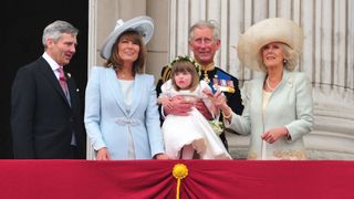 Michael Middleton, Carole Middleton, Eliza Lopes, King Charles, Prince of Wales and Queen Camilla on the balcony of Buckingham Palace