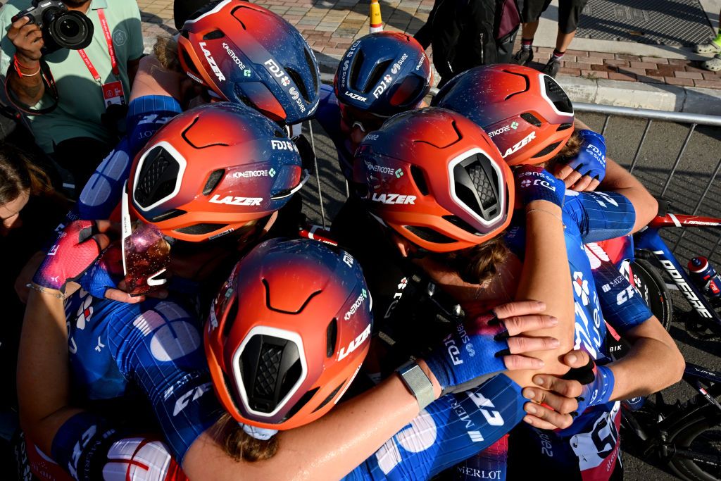 Amber Kraak celebrates with her FDJ-Suez teammates after winning the stage