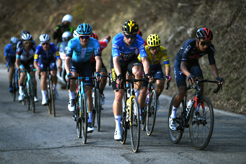 PRATI DI TIVO ITALY MARCH 13 Jakob Fuglsang of Denmark and Team Astana Premier Tech Wout Van Aert of Belgium and Team Jumbo Visma Blue Leader Jersey Sergio Andres Higuita Garcia of Colombia and Team EF Education Nippo Egan Arley Bernal Gomez of Colombia and Team INEOS Grenadiers during the 56th TirrenoAdriatico 2021 Stage 4 a 148km stage from Terni to Prati di Tivo 1450m TirrenoAdriatico on March 13 2021 in Prati di Tivo Italy Photo by Tim de WaeleGetty Images
