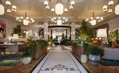 A foyer lobby area with a white lead floor through to the central Zebra lobby. Surrounded by wodd furniture, plants and chandeliers. 