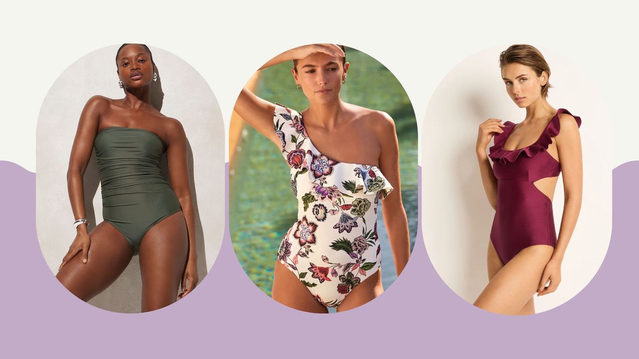 Three women wearing different swimwear for their body types