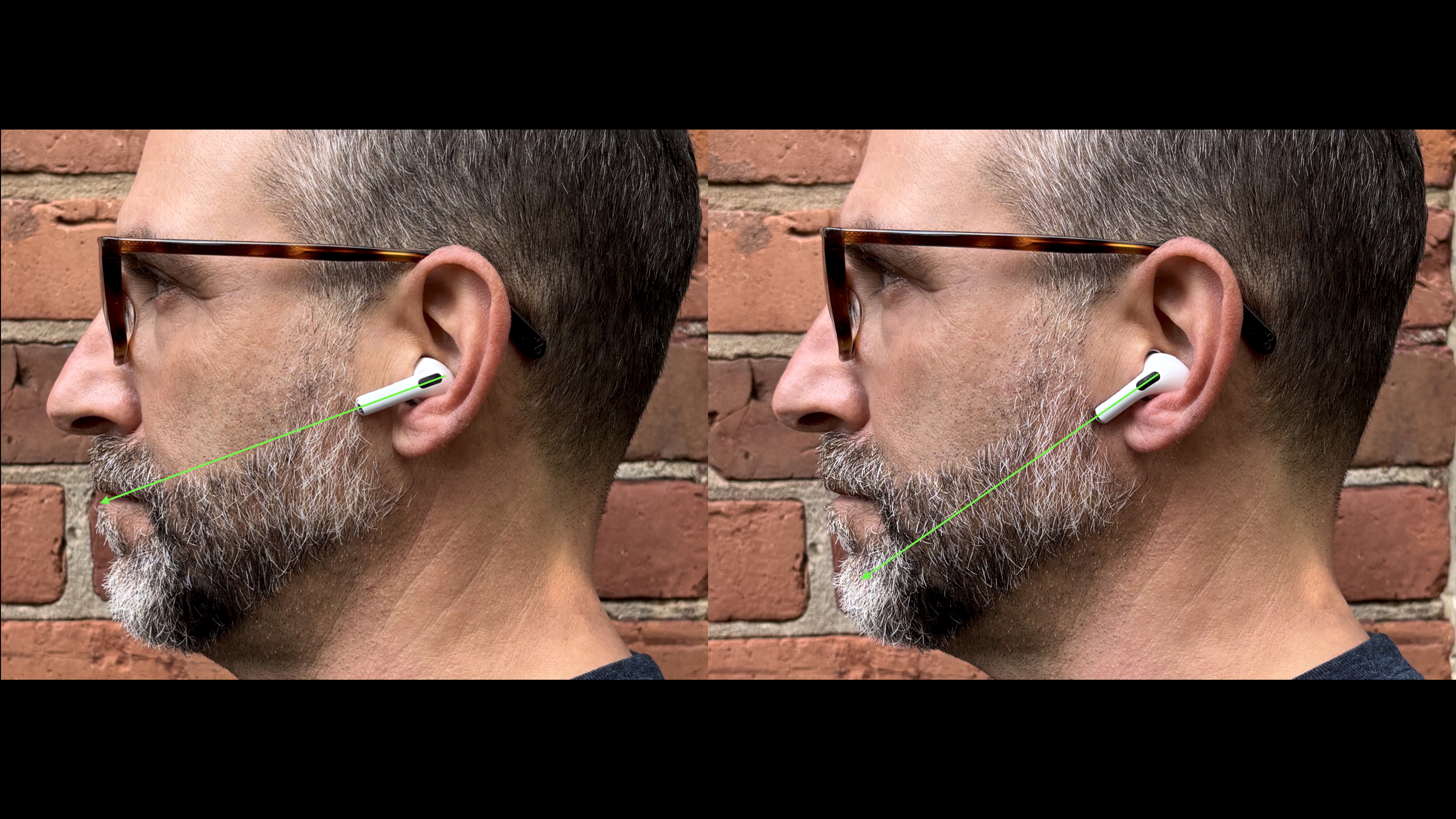 Apple AirPods Pro 3 either worn by a man standing in front of a red-brick wall, or on a table with gray twine cover