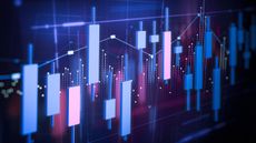 close up of digital image of a stock chart with purple and pink bars