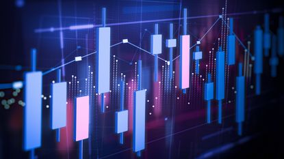 close up of digital image of a stock chart with purple and pink bars