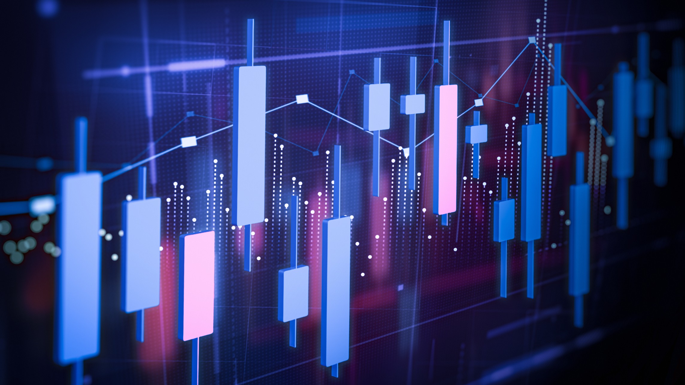 close up of digital image of a stock chart with purple and pink bars