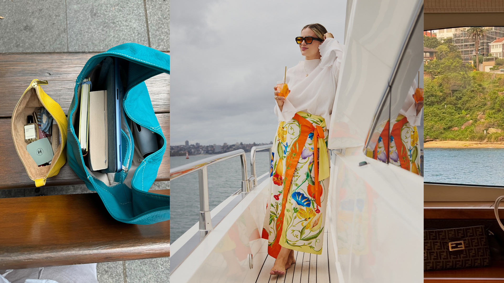 ali poses on a boat with a drink in hand wearing a white top and a colorful skirt