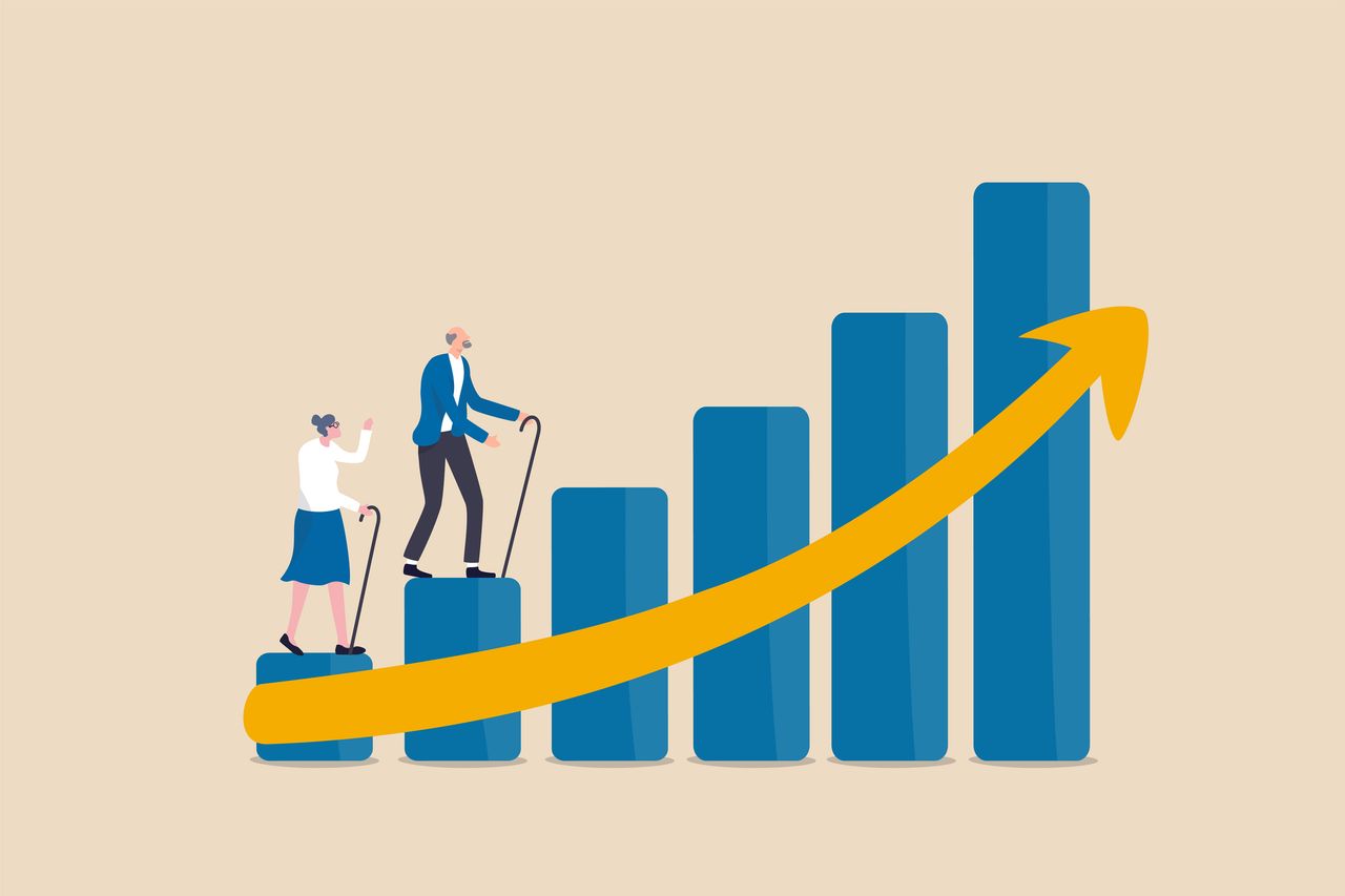 A bar graph trending upward, showing two older people on the two lower bars, signifying raising the retirement age.