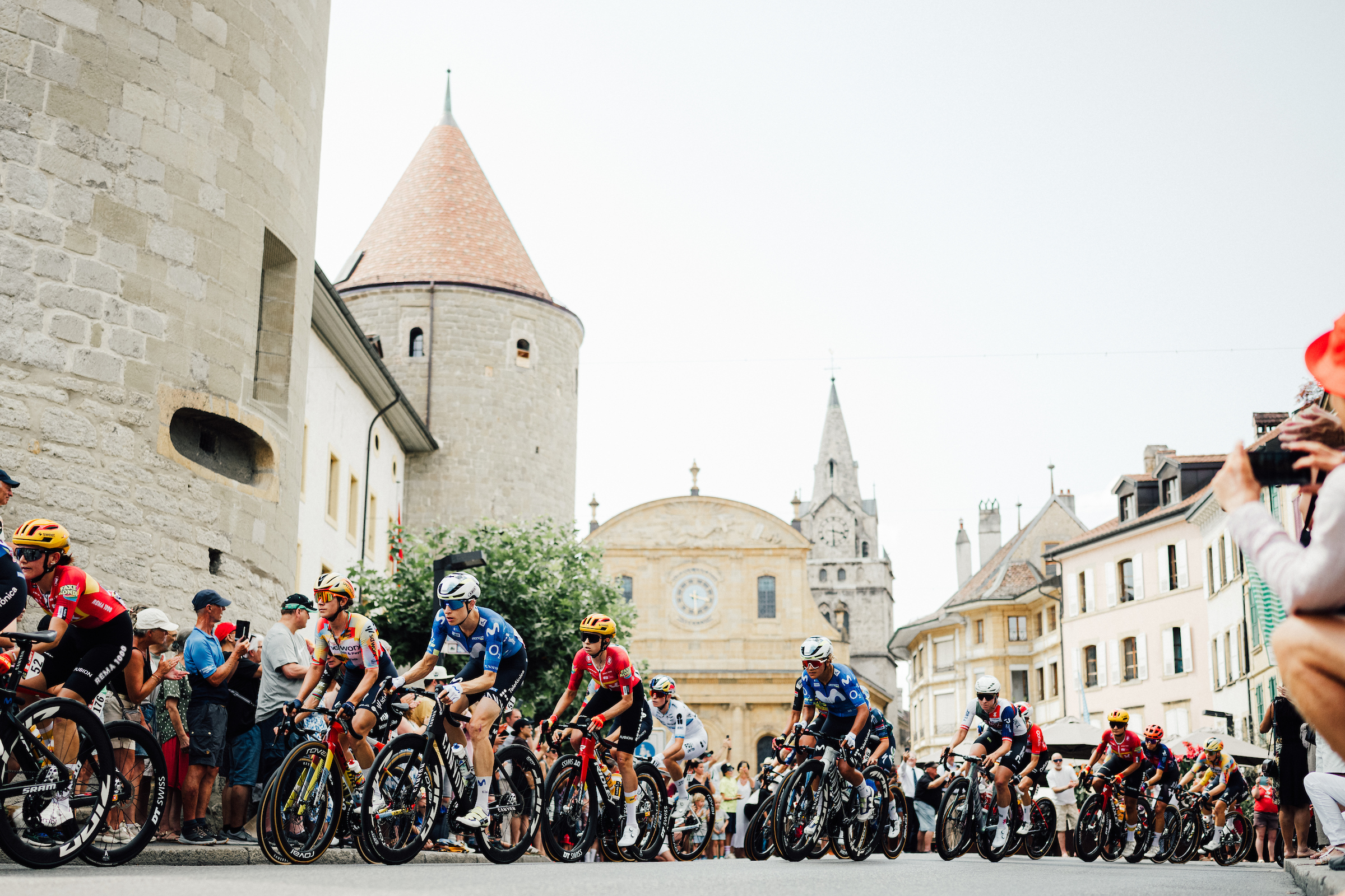 A general view of the peloton at the 2026 Tour de France Femmes avec Zwift led by Marlen Reusser in Lausanne on stage 1
