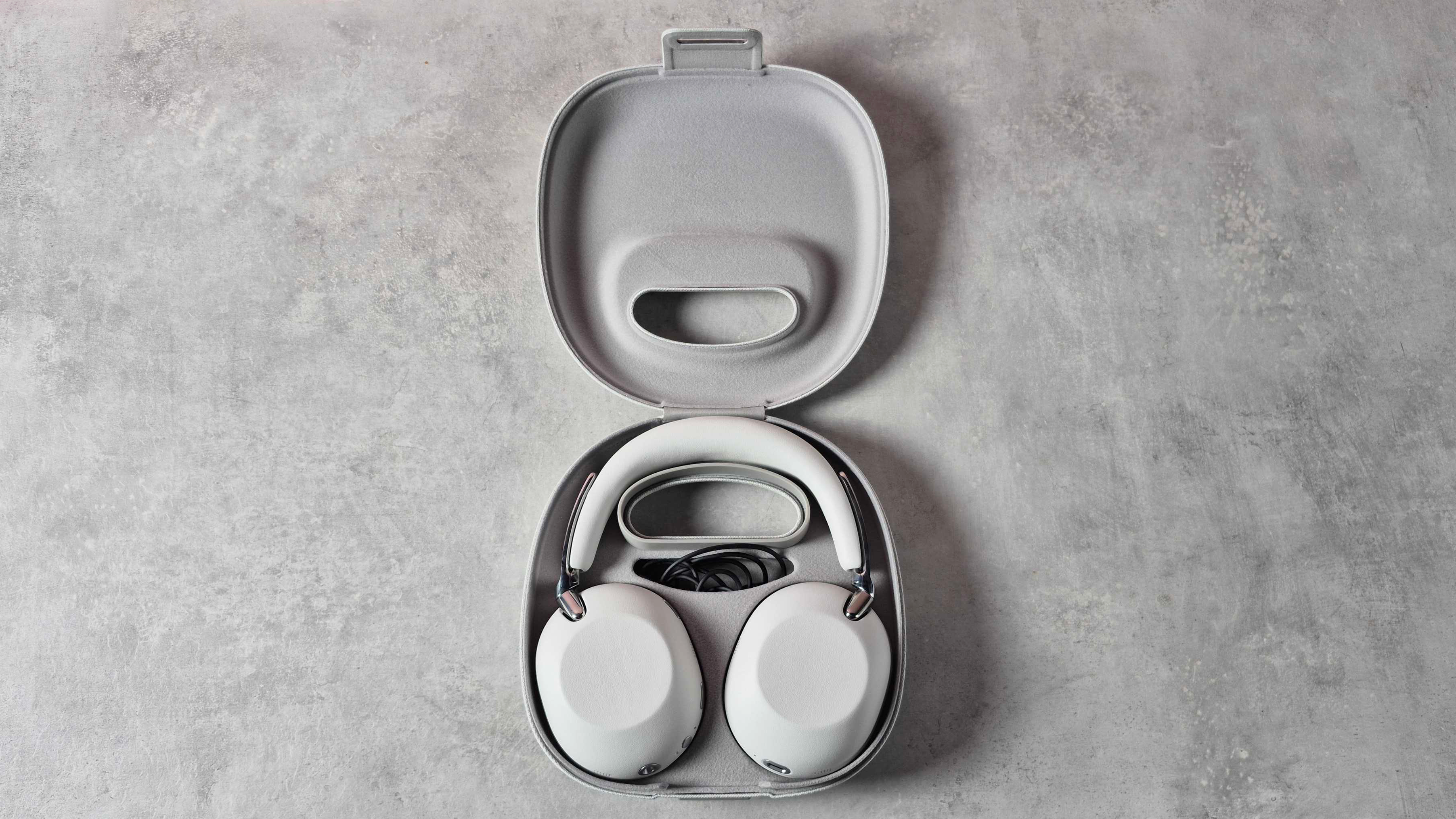 Sony 1000X The Collexion in their case, showing how they sit and where the cable sits