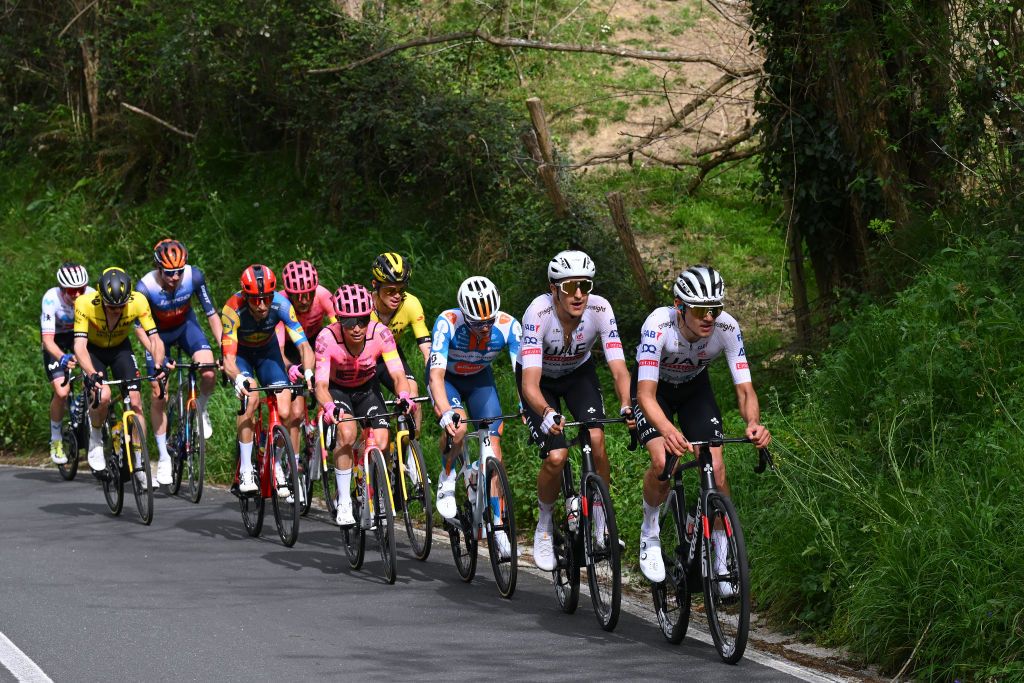 EIBAR SPAIN APRIL 06 LR Bauke Mollema of The Netherlands and Team Lidl Trek James Shaw of The United Kingdom and Team EF Education EasyPost Sepp Kuss of The United States and Team Visma Lease a Bike Esteban Chaves of Colombia and Team EF Education EasyPost Oscar Onley of The United Kingdom and Team dsmfirmenich PostNL Marc Soler of Spain and Igor Arrieta of Spain and UAE Team Emirates compete in the breakaway during the 63rd Itzulia Basque Country 2024 Stage 6 a 1378km stage from Eibar to Eibar UCIWT on April 06 2024 in Eibar Spain Photo by Tim de WaeleGetty Images