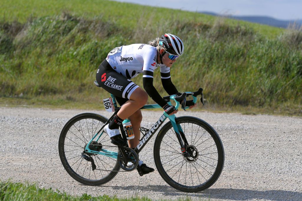 SIENA ITALY MARCH 06 Georgia Williams of New Zealand and Team BikeExchange during the Eroica 7th Strade Bianche 2021 Womens Elite a 136km race from Siena to Siena Piazza del Campo Gravel Strokes StradeBianche on March 06 2021 in Siena Italy Photo by Luc ClaessenGetty Images